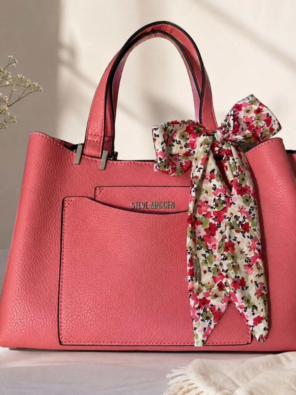 Pink Coral Tote Bag Pebbled Faux Leather Purse Floral Scarf Bag Feminine Chic